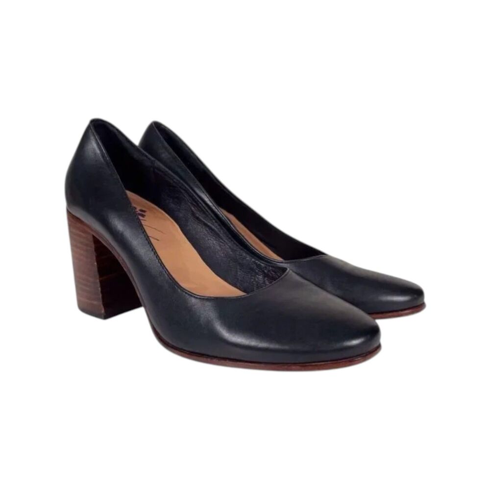 Patricia Nash Anita Black Leather Block Heel Pumps Size 7 Almond Toe